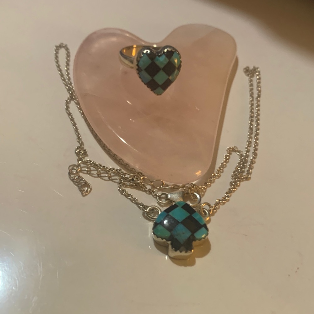 Silver Heart Pendant and Ring Set with Blue Accents